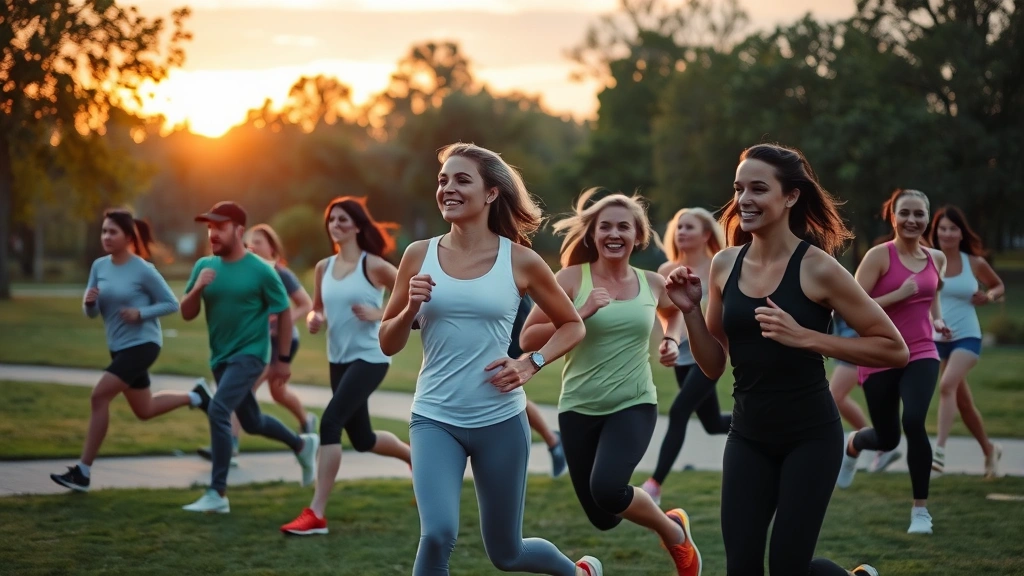 Diverse group of people exercising outdoors in a park during sunrise, jogging and stretching, healthy lifestyle in motion, natural landscape background, vibrant and energetic mood, no signage