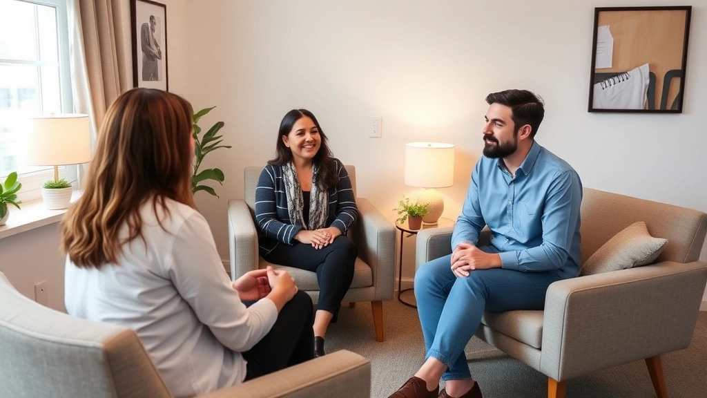 Professional mental health counselor in calm therapy office with comfortable seating, warm lighting, diverse patient in supportive conversation, focused compassionate interaction, peaceful clinical environment