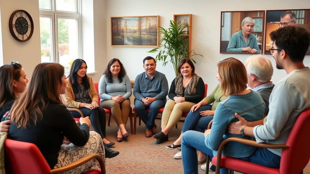 Diverse group of people in community mental health setting engaging in peer support circle, sitting together in welcoming room, supportive body language, inclusive atmosphere, real conversations