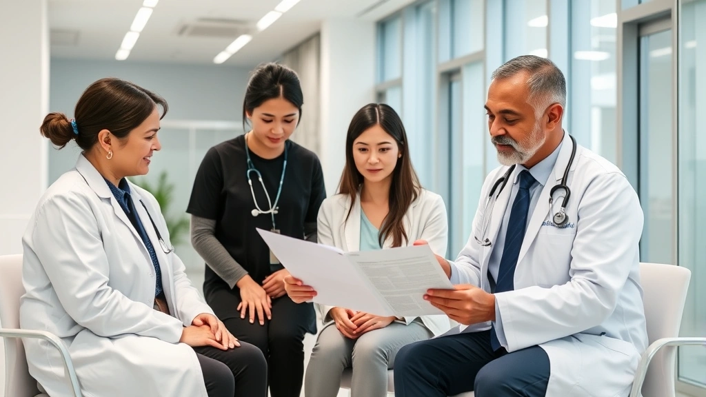 Integrated healthcare team meeting in modern clinic, psychiatrist, therapist, primary care doctor reviewing patient chart together, collaborative workspace, diverse medical professionals, patient-centered care