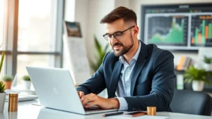 Professional investor reviewing financial charts and investment portfolio on modern laptop in bright office, confident expression, surrounded by growth indicators and wealth-building materials