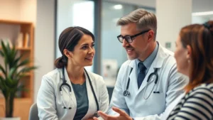 Professional healthcare advisor speaking with patient during consultation in modern medical office, warm lighting, focused conversation demonstrating expert guidance and patient trust