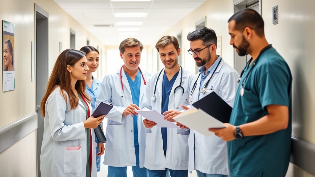 Diverse group of healthcare professionals collaborating in bright hospital corridor, reviewing patient information and coordinating care with confidence and expertise