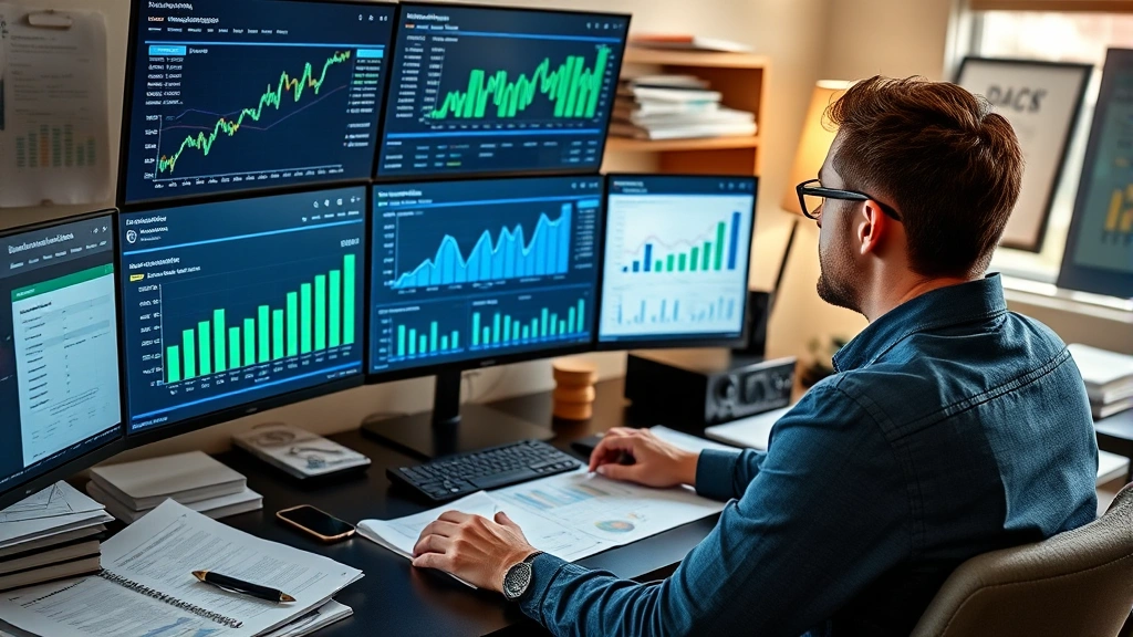 Person reviewing investment dashboard on multiple screens showing diversified portfolio growth, surrounded by financial documents and planning materials in organized home office environment.