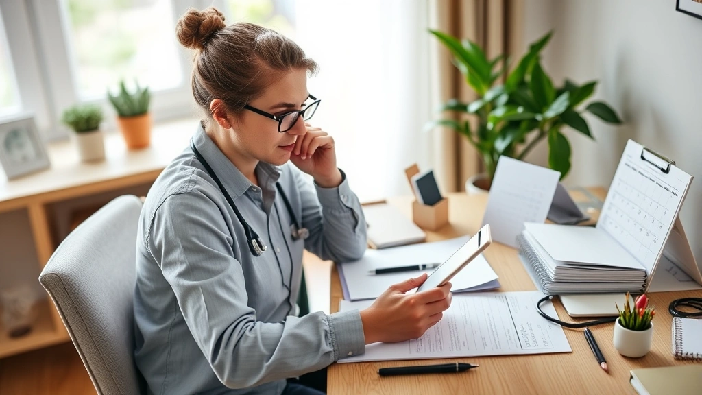 Patient using phone to contact healthcare support while reviewing medical documents at home, organized desk with calendar and health records, peaceful wellness environment