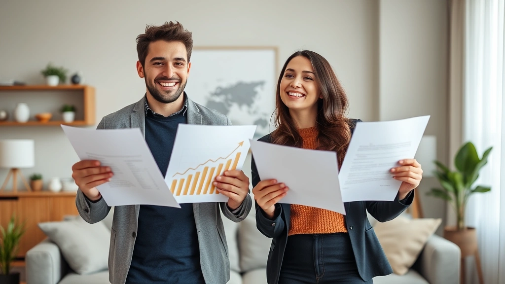 Young professional couple celebrating financial milestone with documents showing investment growth and savings achievements, reflecting satisfaction and prosperity in comfortable living space.