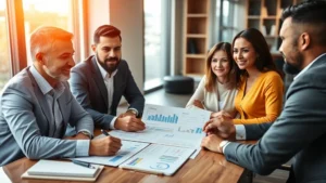Professional financial advisor meeting with diverse clients in modern office, reviewing investment portfolio documents and charts on desk, warm lighting, confident expressions, notebook and pen visible