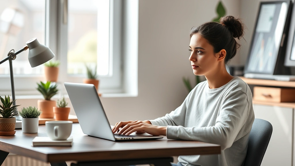 Young entrepreneur working on laptop at home office desk with plants, coffee cup, and journal, natural window light, focused determined expression, modern minimalist workspace