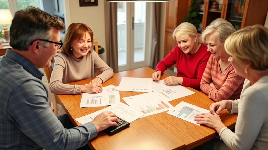 Multi-generational family having financial planning discussion around dining table with documents and calculator, warm home environment, smiling faces, papers spread out showing budgets and plans