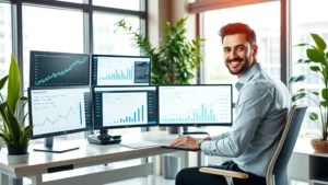 Professional setting showing successful entrepreneur working at modern desk with multiple monitors displaying financial charts and growth graphs, natural daylight from large windows, contemporary office environment with plants and professional decor, confident person reviewing analytics