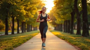 Professional woman jogging on tree-lined park path during golden hour, athletic wear, confident expression, natural outdoor setting with green foliage