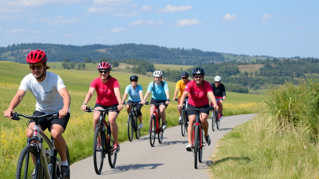 Diverse group of cyclists riding on paved trail through scenic landscape, helmets and bikes visible, community engagement, outdoor wellness activity