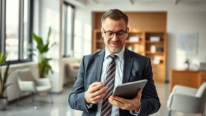Professional middle-aged man in business attire reviewing health metrics on tablet in modern medical office with natural light and contemporary furniture, confident expression suggesting financial wellness planning