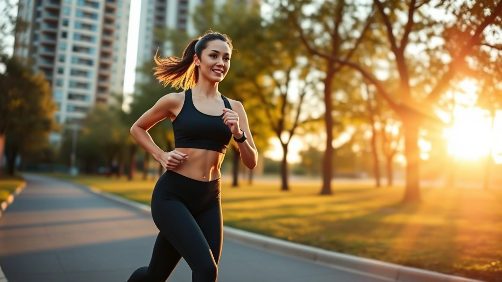 Fit woman jogging through urban park at sunrise, energetic and focused, wearing workout gear, morning light creating positive atmosphere, representing health-driven productivity and wealth building
