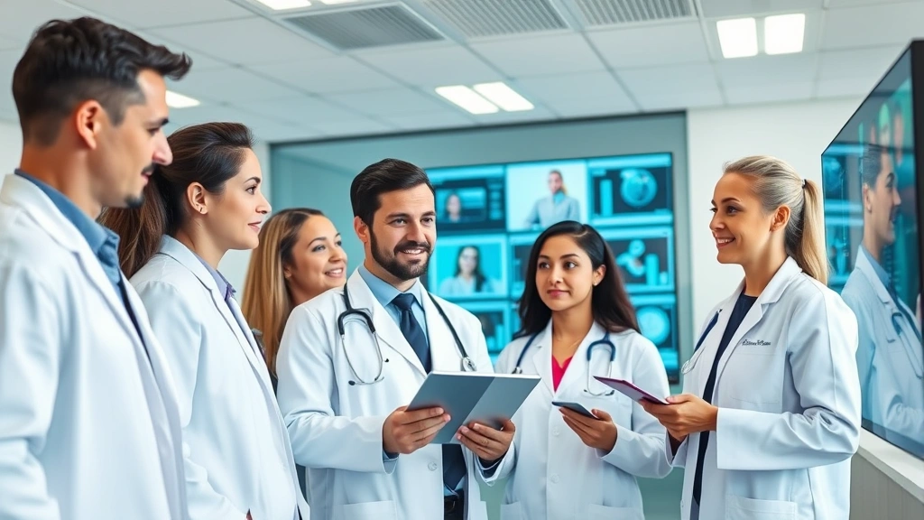 Diverse group of healthcare professionals in white coats reviewing patient data on digital screens in modern clinic, collaborative environment suggesting comprehensive health provider support for patient success