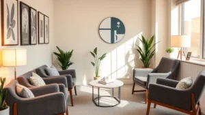 Professional therapist's office with comfortable seating, warm lighting, and modern decor, creating a welcoming therapeutic environment for mental health treatment