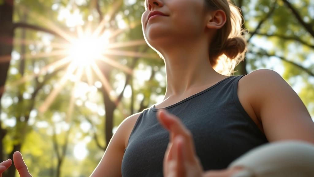Close-up of person meditating peacefully outdoors in natural sunlight with trees, representing evidence-based wellness practices and mental clarity