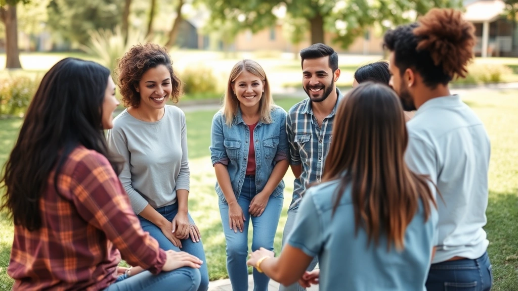 Diverse group of people in a support circle outdoors, smiling and engaged in conversation, symbolizing healthy community connections and evidence-based mental health support