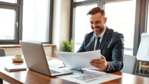 Professional real estate investor reviewing property documents at modern office desk with laptop, tablet, and architectural blueprints, natural daylight streaming through windows, successful and focused expression
