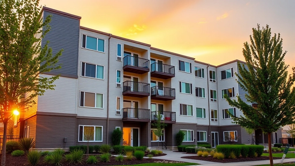 Modern residential apartment building exterior photographed during golden hour, showing well-maintained facade, landscaping, and multiple units, representing quality rental property investment