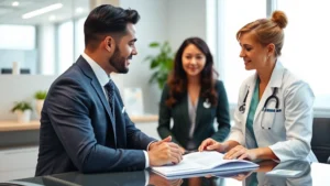 Professional consultation scene: A well-dressed individual meeting with a healthcare provider in a modern medical office with natural lighting, discussing wellness plans while reviewing documents on a desk, conveying trust and professional expertise in digestive health partnership.