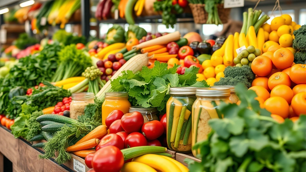 Vibrant farmers market scene: Colorful fresh produce display with organic vegetables, fruits, and fermented foods in glass jars, showing abundance and quality nutrition investments that support digestive health and financial wellness.