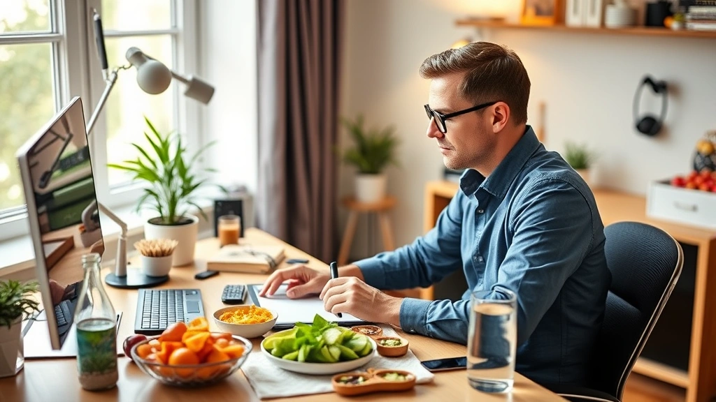 Successful professional at home workspace: A person working productively at a desk with high energy and focus, surrounded by healthy snacks and water, demonstrating the productivity gains and vitality that result from optimal digestive health supporting career success.