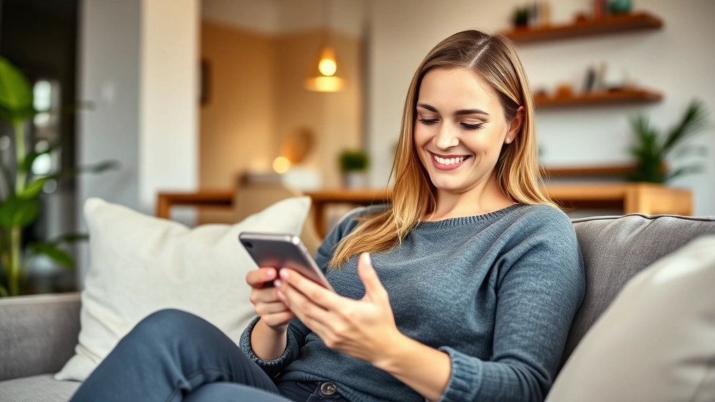 Woman checking banking app on smartphone while sitting comfortably at home, smiling, modern interior, digital wealth management, financial progress visualization