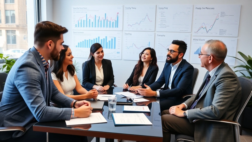 Diverse financial advisor team in professional office setting discussing investment strategy with client, charts and data on wall, collaborative wealth building consultation