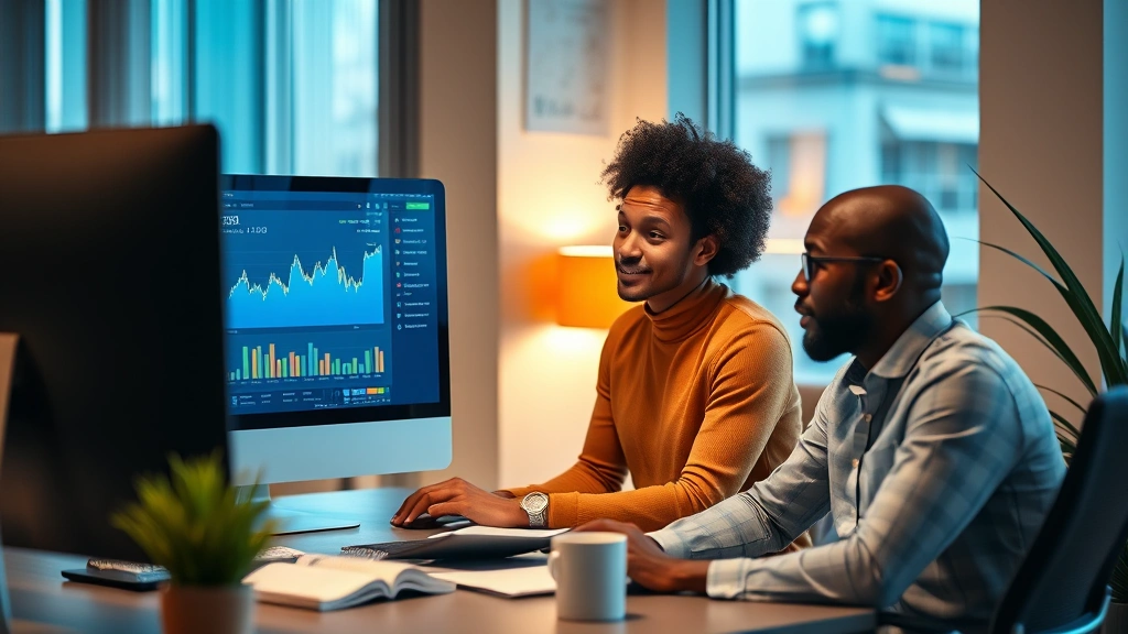 Professional financial advisor in modern office meeting with diverse client, reviewing investment portfolio on computer screen, warm lighting, contemporary workspace
