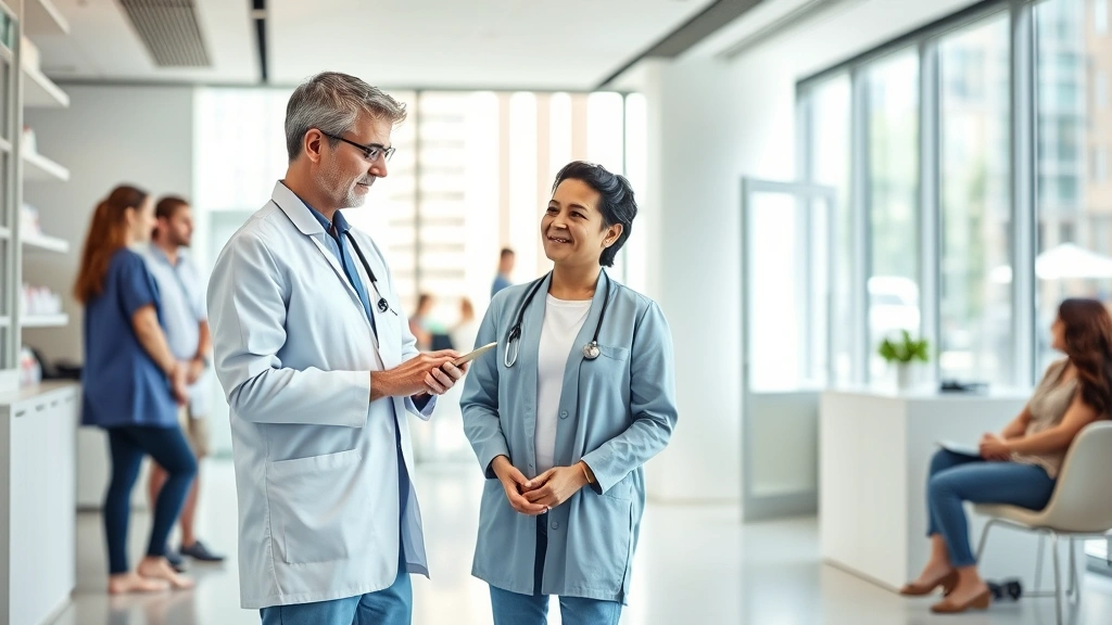 Professional healthcare worker in modern medical facility helping patient with wellness consultation, natural lighting, clean downtown medical office environment, diverse individuals engaged in health discussion