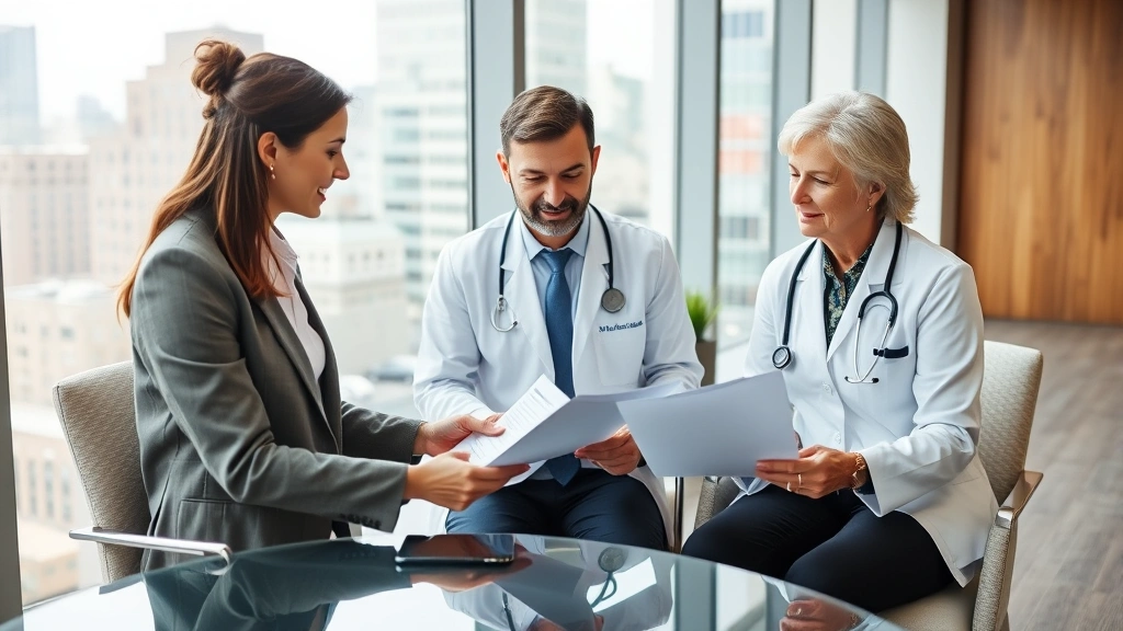 Financial advisor and healthcare professional collaborating in modern office, reviewing health and financial documents together, downtown setting with cityscape visible through windows, professional collaborative environment