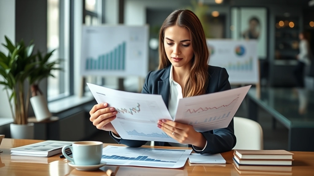 Professional woman in business attire reviewing financial documents and growth charts at modern office desk with coffee, focused expression