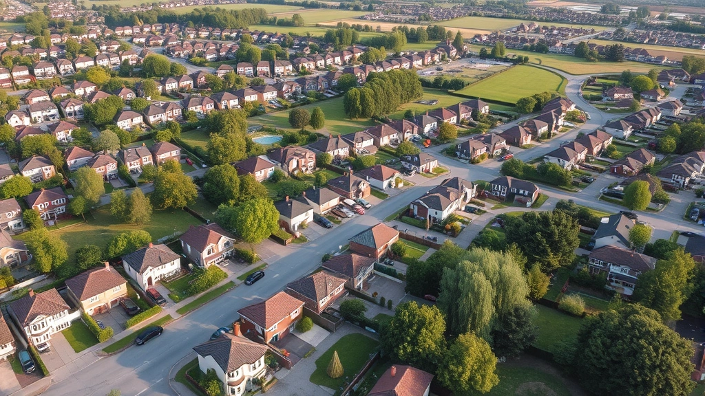 Aerial view of suburban neighborhood with residential homes and green spaces, showing property values and real estate investment potential