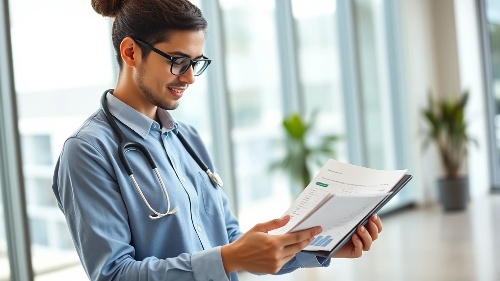 Professional healthcare worker reviewing financial documents and retirement plan statements on a tablet device in a modern office setting, confident and focused expression, natural daylight through windows