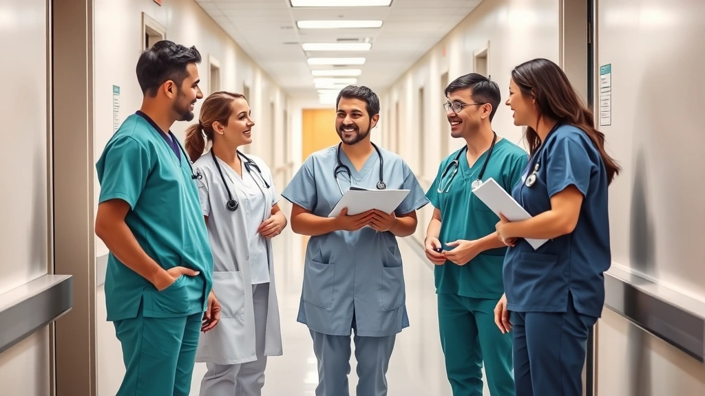 Diverse healthcare professionals in scrubs having a discussion about financial planning near a hospital corridor, collaborative and positive energy, modern healthcare facility setting with natural lighting