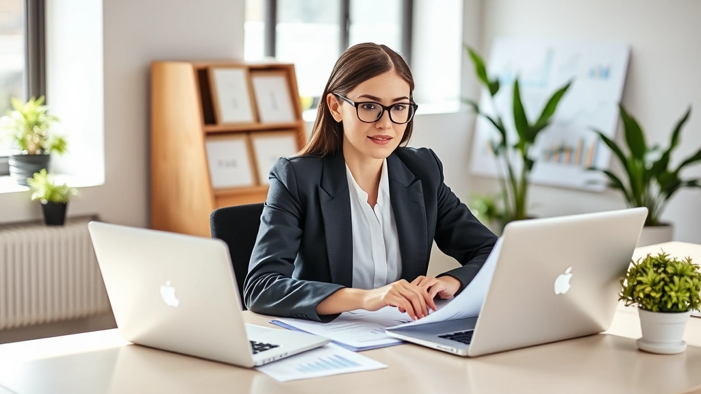 Professional woman in business attire sitting at modern desk with laptop, reviewing financial documents and charts, natural office lighting, confident expression, organized workspace with plants