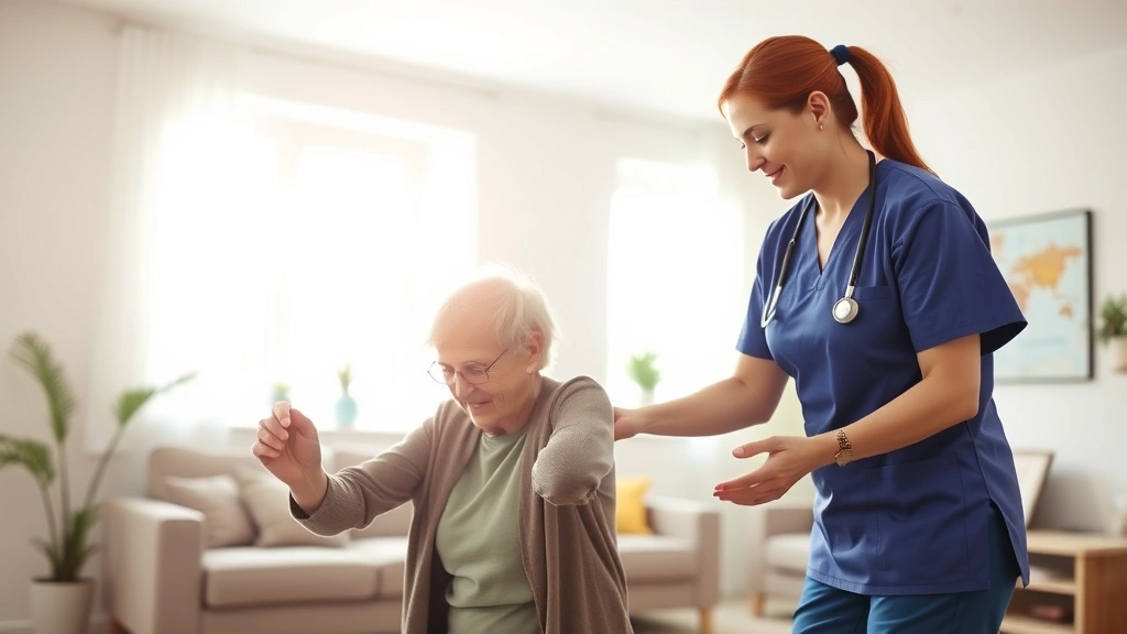 Professional home health nurse assisting elderly patient with mobility exercises in bright, modern living room with natural light streaming through windows, warm compassionate interaction