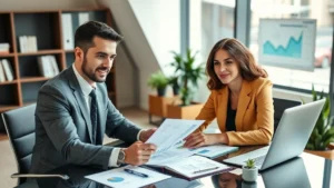 Professional financial advisor consulting with diverse client at modern desk, reviewing investment portfolio documents and financial charts, natural lighting, contemporary office setting, confident and trustworthy atmosphere