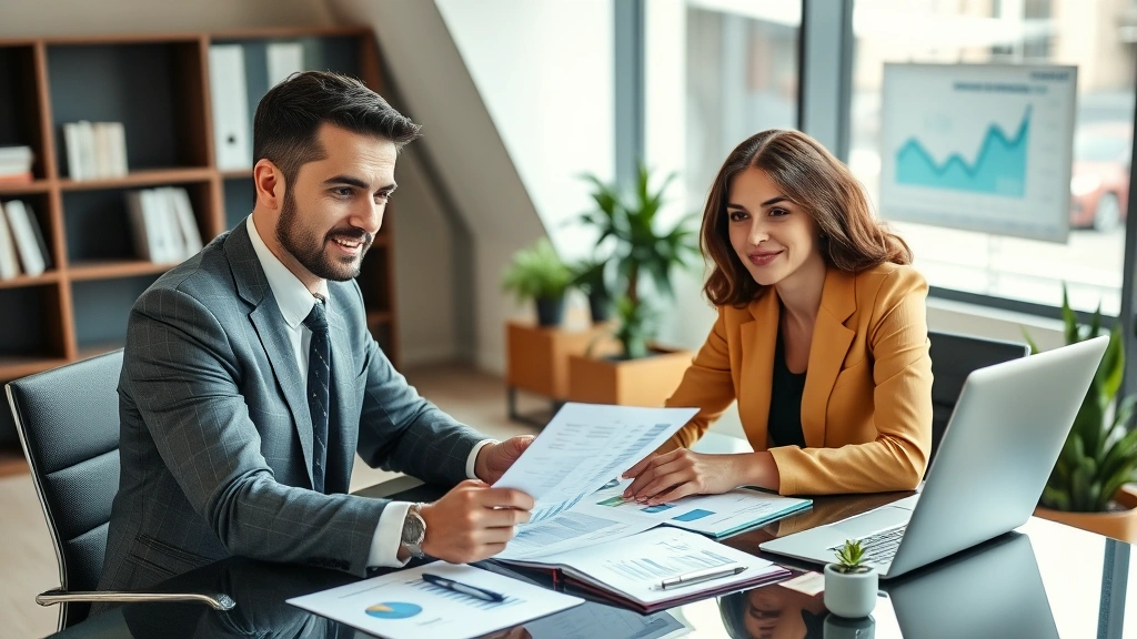 Professional financial advisor consulting with diverse client at modern desk, reviewing investment portfolio documents and financial charts, natural lighting, contemporary office setting, confident and trustworthy atmosphere