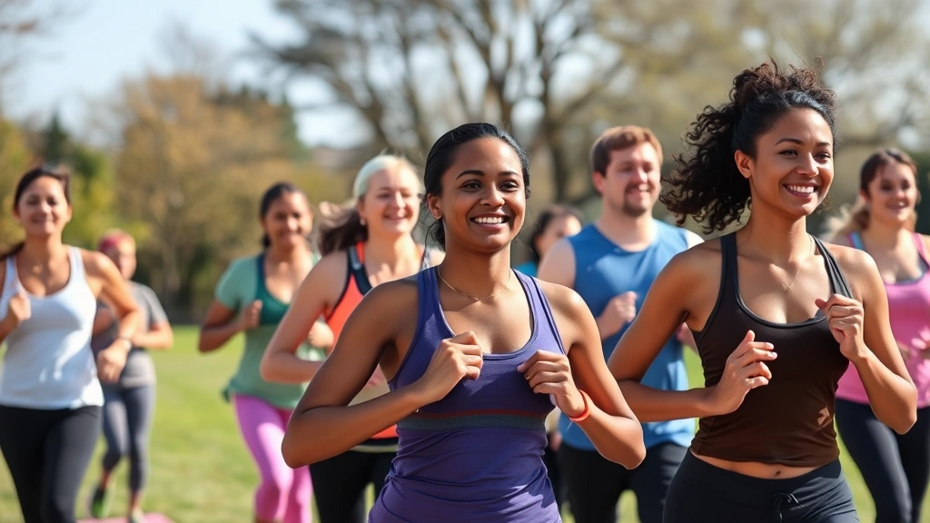 Diverse group of people participating in wellness activities including yoga, running, and fitness training in outdoor park setting, bright daylight, healthy lifestyle emphasis, smiling participants