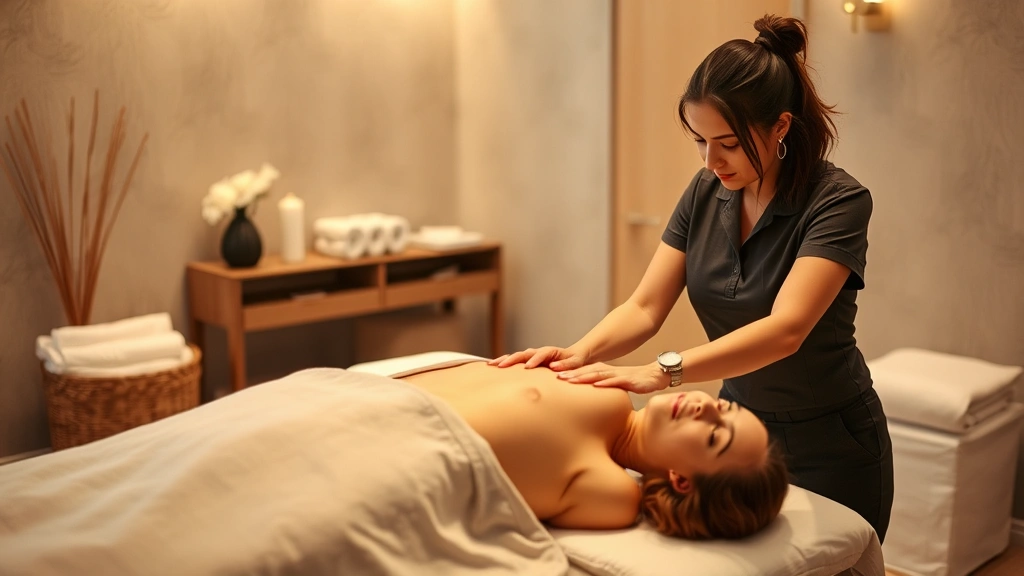 Successful female executive receiving professional massage therapy in upscale wellness center, registered massage therapist providing therapeutic treatment, peaceful spa setting with soft ambient lighting