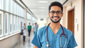 Professional healthcare worker in modern hospital corridor, wearing scrubs and stethoscope, confident expression, natural lighting through large windows, diverse medical environment