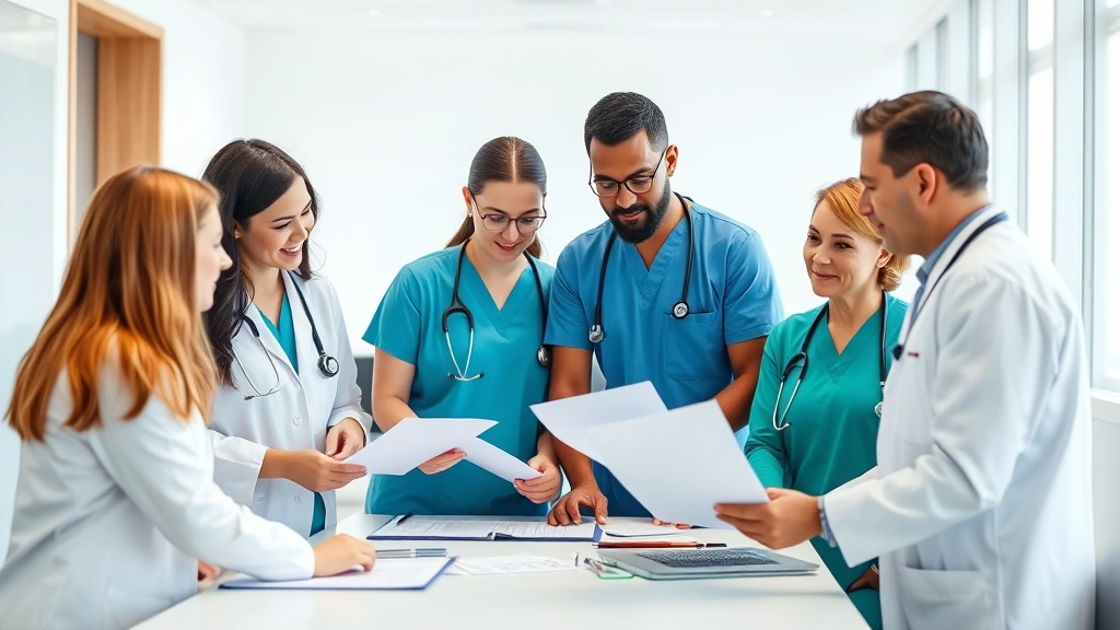 Team of healthcare professionals collaborating in bright modern clinic, reviewing documents together at table, diverse group displaying teamwork and communication, professional attire