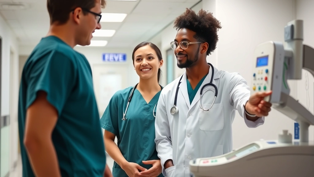 Healthcare professional mentoring junior staff member in clinical setting, pointing at medical equipment, knowledge transfer moment, modern facility background, welcoming atmosphere