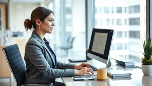 Professional woman in business attire working at modern office desk with computer, healthcare documents, and coffee cup, natural lighting from window, focused expression, contemporary corporate healthcare setting