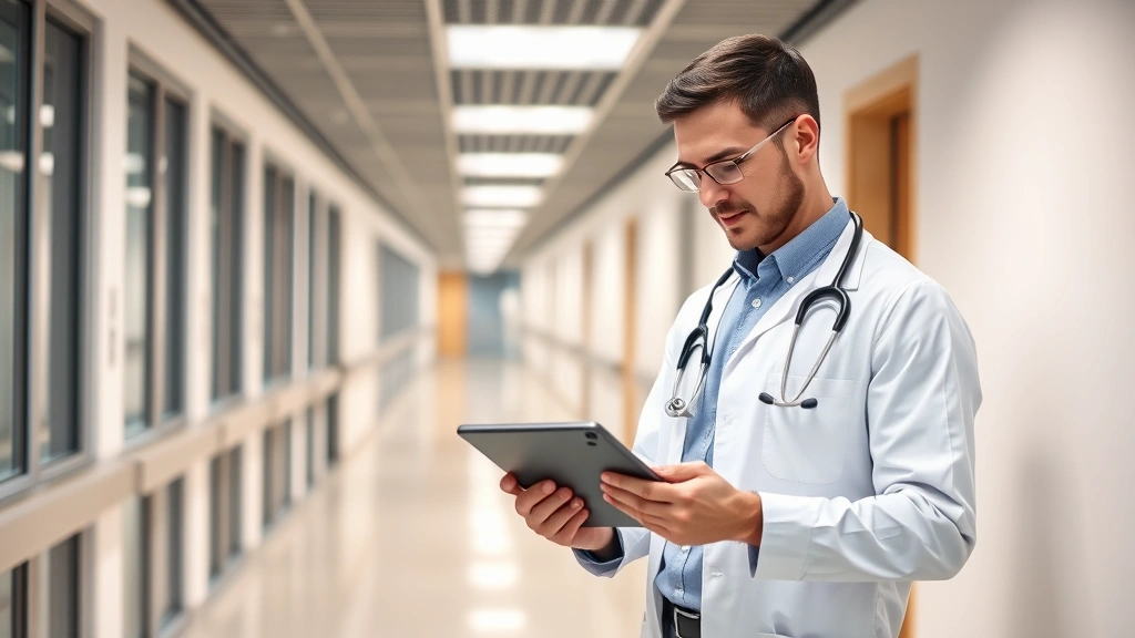 Male healthcare professional in business casual attire reviewing performance metrics on tablet in modern healthcare facility hallway, confident posture, professional healthcare setting with clean minimalist design