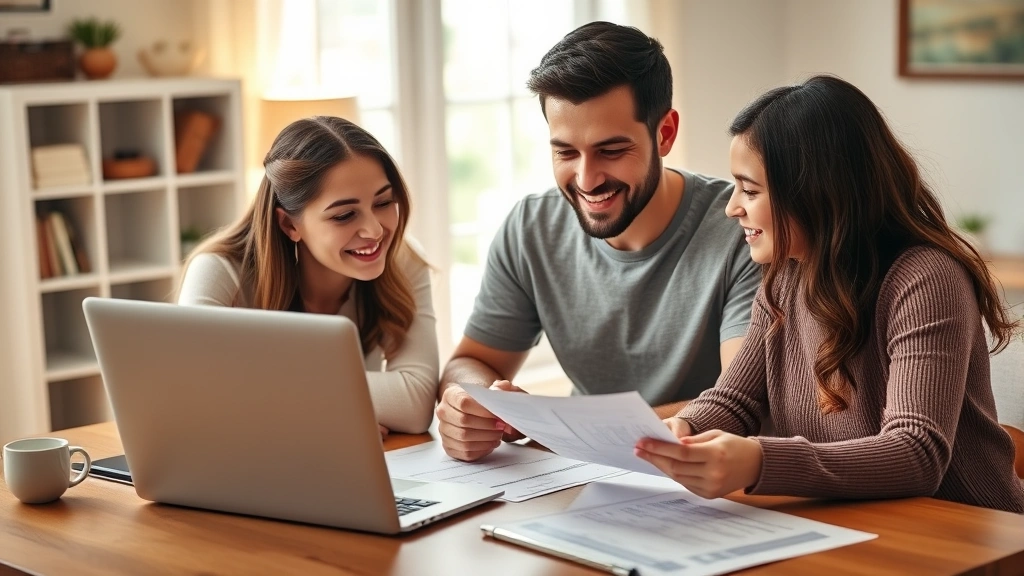 Young family reviewing financial documents at dining table with laptop, warm home setting, planning future together, natural daylight