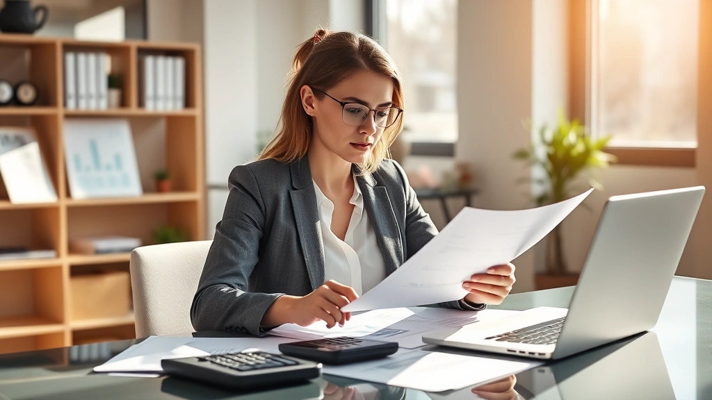 Professional woman in business attire reviewing financial documents and investment portfolio on desk with laptop and calculator, sunlit office environment
