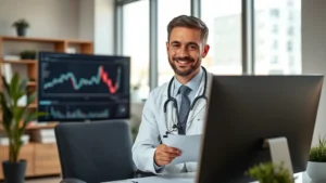 Professional healthcare worker in modern medical office reviewing financial documents and investment portfolio on computer screen, natural lighting, confident expression, modern workspace